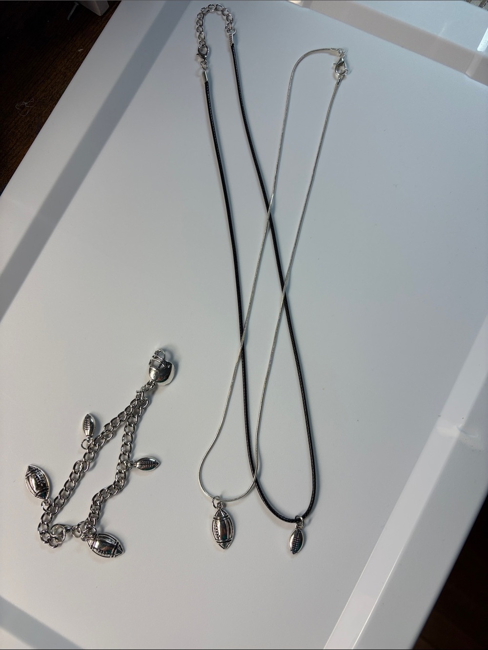 Sterling Silver Football Pendant Necklace and Bracelet Set - Black and Silver